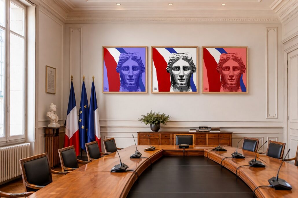 Triptyque Marianne dans une salle du conseil